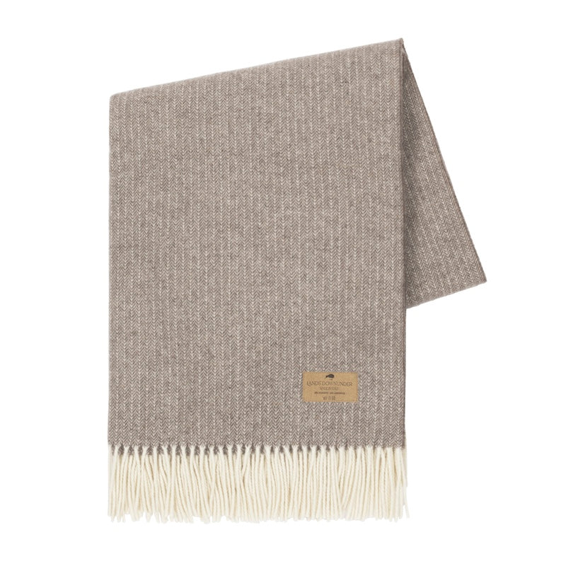 Cashmere Throw - Lands Downunder Taupe Pinstripe Cashmere Wool Throw - Folded with Fringe