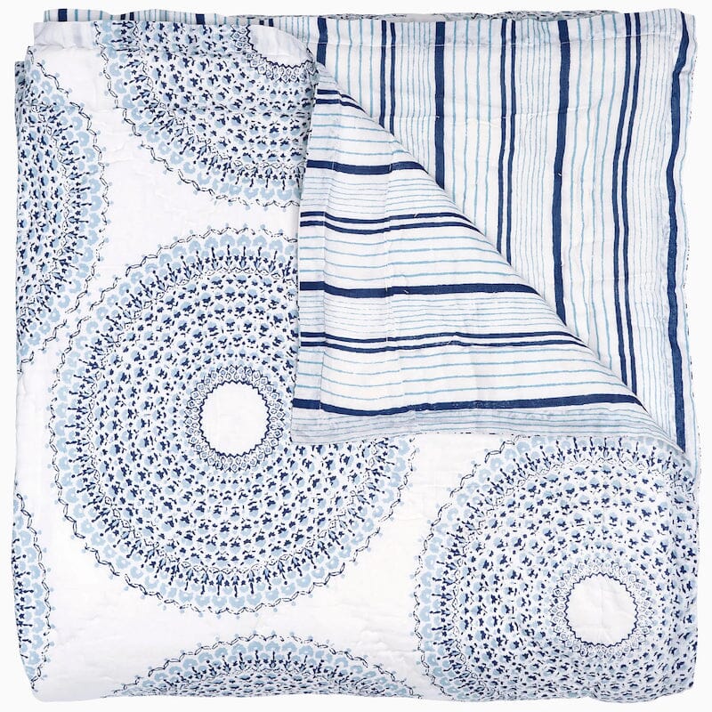 John Robshaw Lapis Quilt - Blue Concentric Circles on White Cotton Reverse to Stripe Pattern