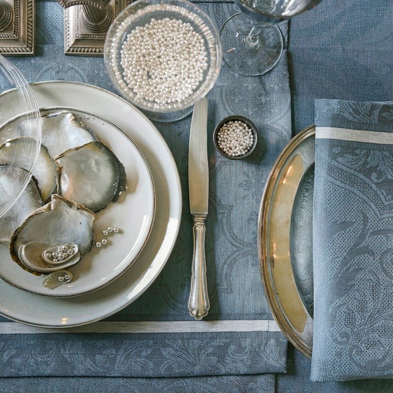 Table Setting in Blue - Armoiries Cerulean Blue Table Linens by Le Jacquard Français