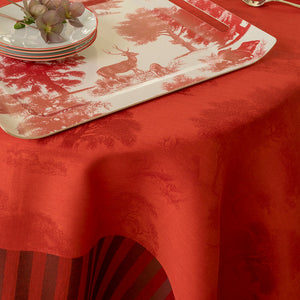 Souveraine Red Tablecloth | Le Jacquard Francais Holiday Linens shown in Dining Room - closeup