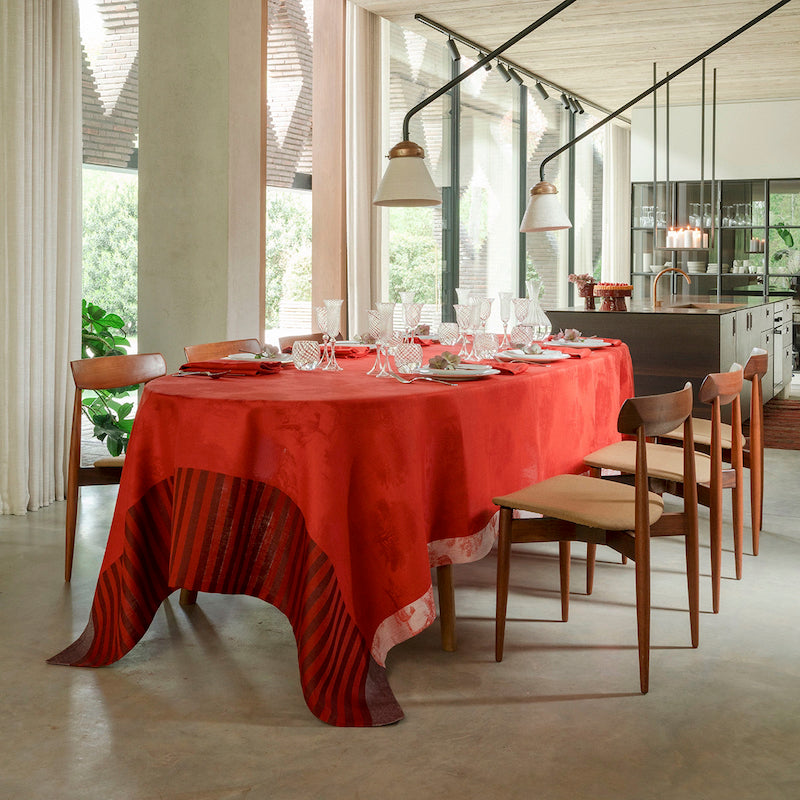 Souveraine Red Tablecloth | Le Jacquard Francais Holiday Linens shown in Dining Room