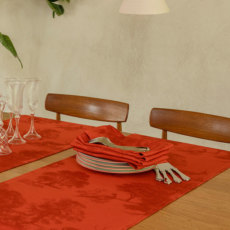 Souveraine Red Cloth Napkin - Le Jacquard Francais Holiday Table Linens shown in Kitchen