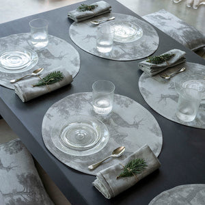 Le Jacquard Français Souveraine Silver Argent Placemats shown on Holiday Celebration Table