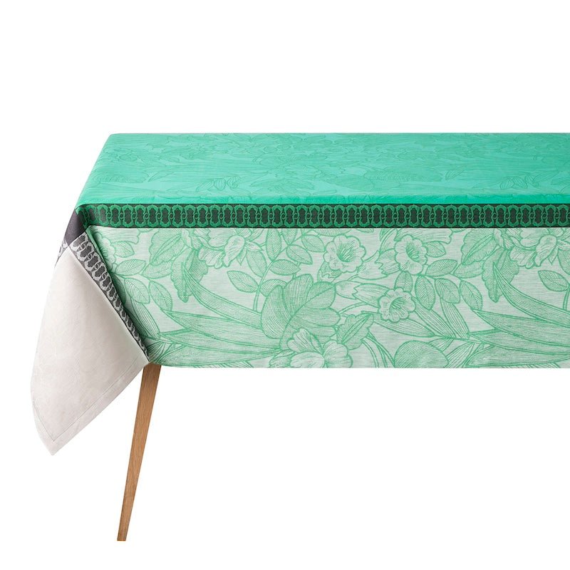 escapade tropicale green tablecloth by le jacquard français