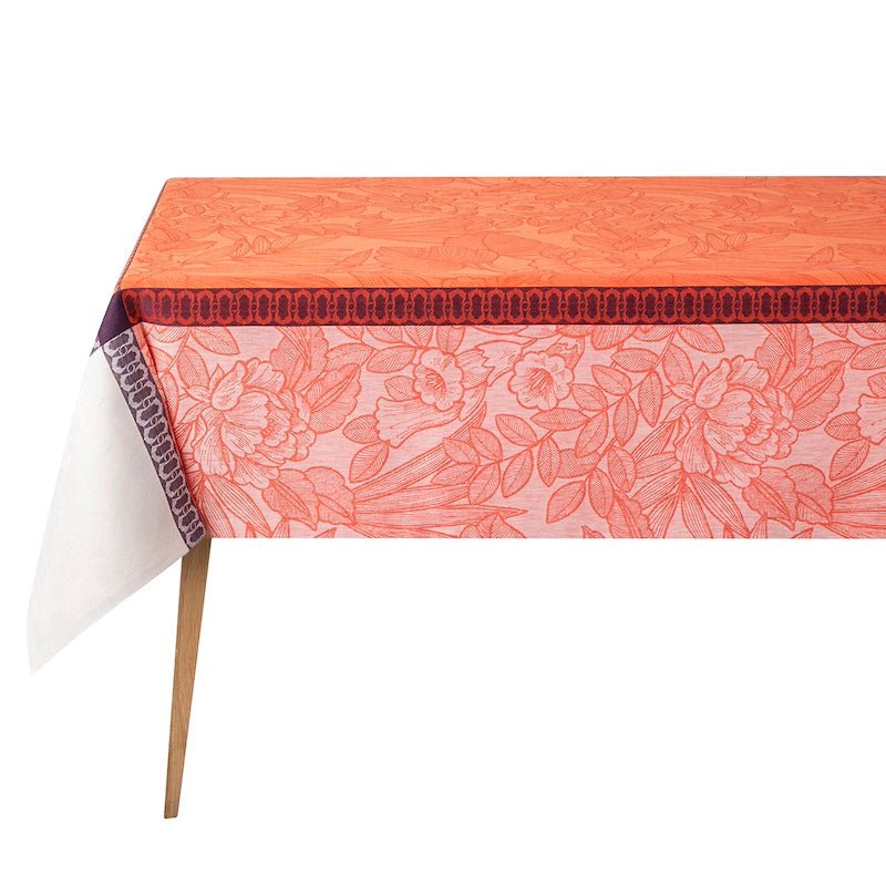 escapade tropicale orange tablecloth by le jacquard français - Luxury table at Fig Linens and Home