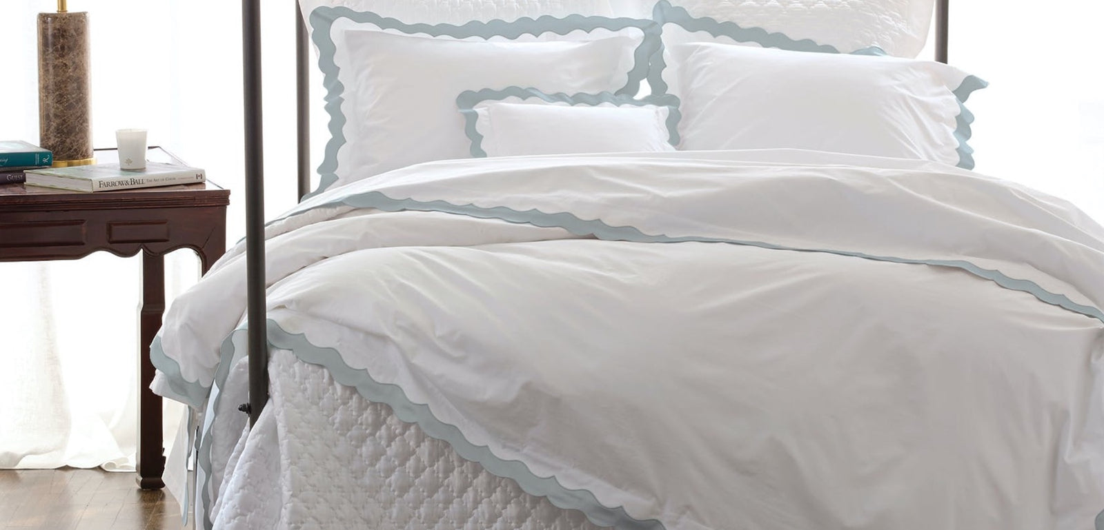 Matouk Bedding at Fig Linens and Home. Lorelei Duvet Covers, Sheets, Pillowcases and Pillow Shams. Matouk Lorelei is white cotton Milano Percale with a Sateen Scalloped Band. Colors include Hazy Blue, Pool, Silver, Pink, Violet, Light Blue, Champagne.