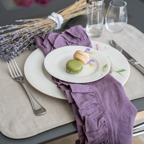 Lucca Eggplant Napkin Lifestyle | Mode Living at Fig Linens and Home