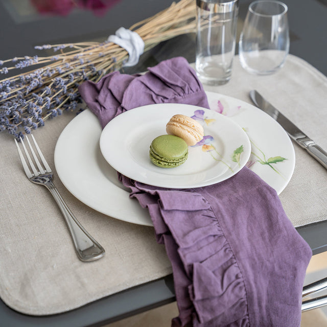 Lucca Eggplant Napkin Lifestyle | Mode Living at Fig Linens and Home