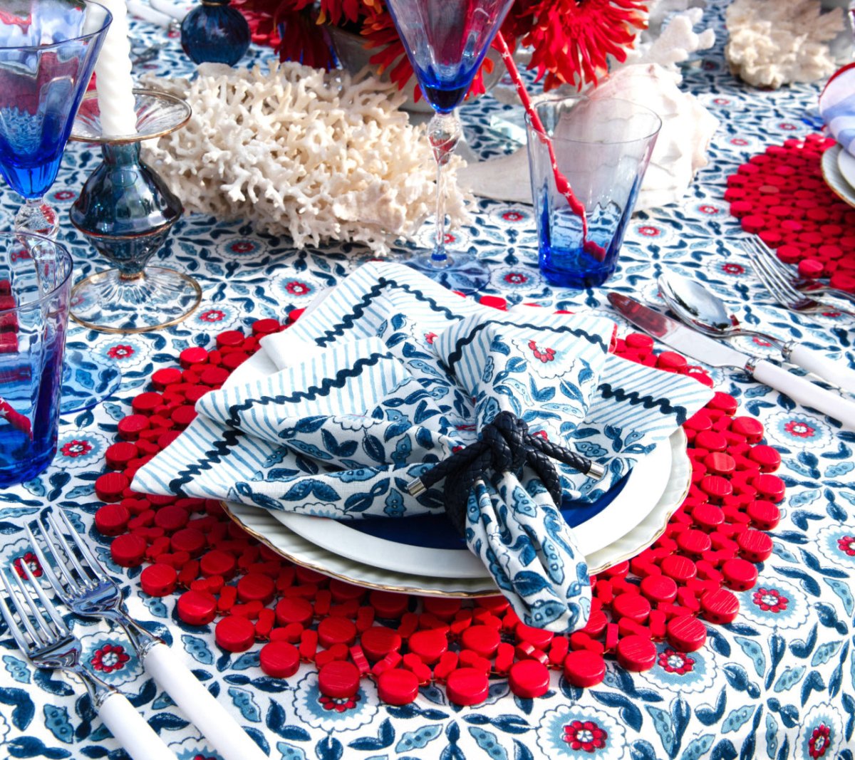 Majorelle Napkin in Red, White & Blue Set of 4 by Kim Seybert Table Setting 1