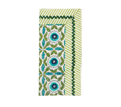 Majorelle Napkin in White, Blue  & Green Set of 4 by Kim Seybert Folded at Fig Linens and Home