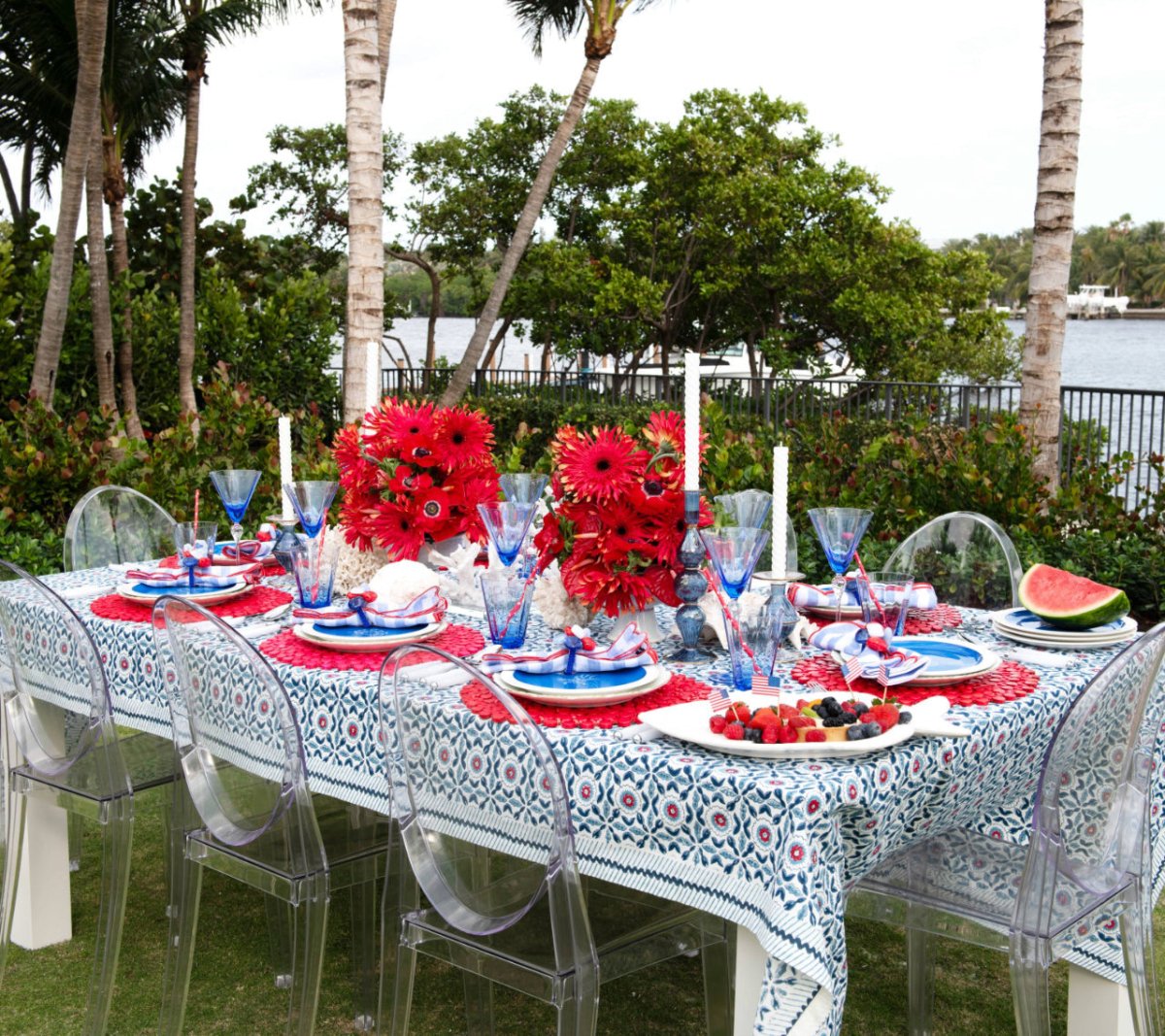 Majorelle Tablecloth in Red, White & Blue by Kim Seybert shown on Alfresco table