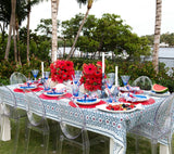 Majorelle Tablecloth in Red, White & Blue by Kim Seybert shown on Alfresco table