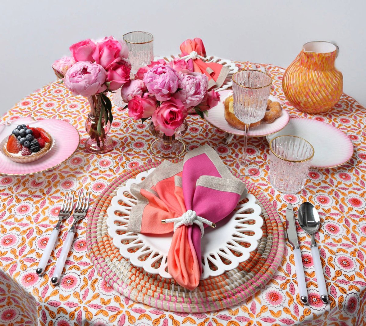 Majorelle Tablecloth in White, Pink & Orange by Kim Seybert Lifestyle Table