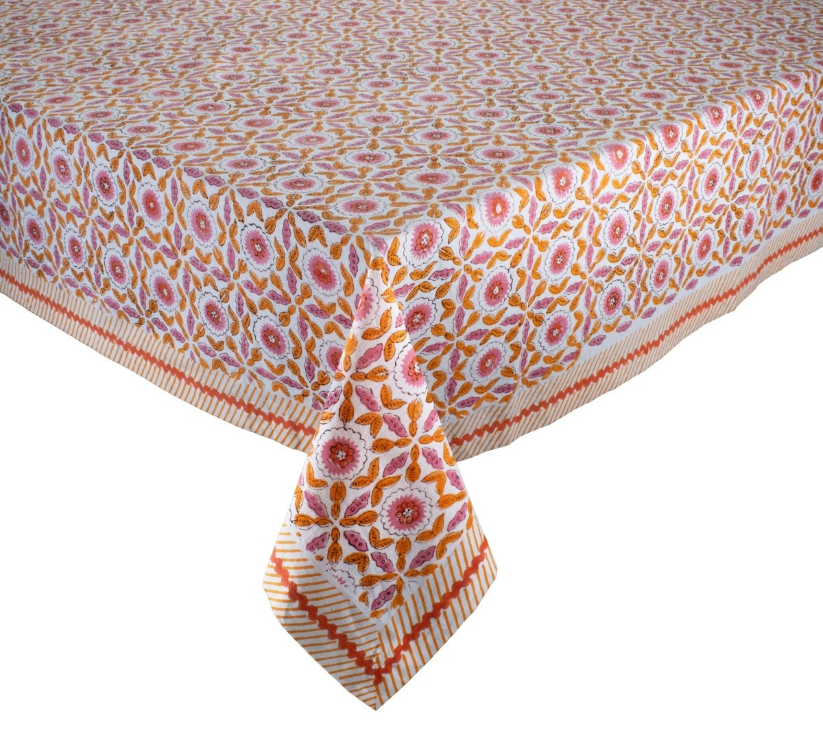 Majorelle Tablecloth in White, Pink & Orange by Kim Seybert on Table