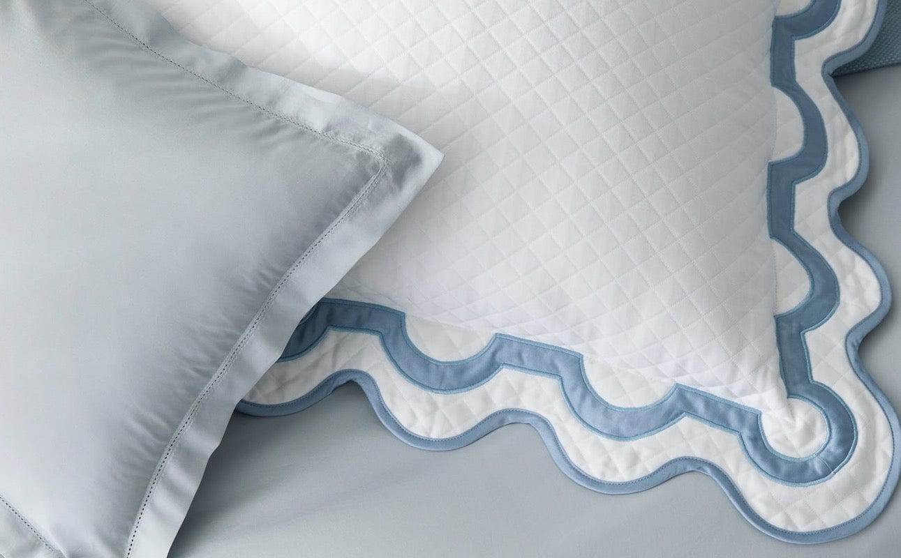 Matouk Coverlet - Mirasol Matelasse Hazy Blue Pillow Sham - Detail of Corner 1 - Fig Linens and Home