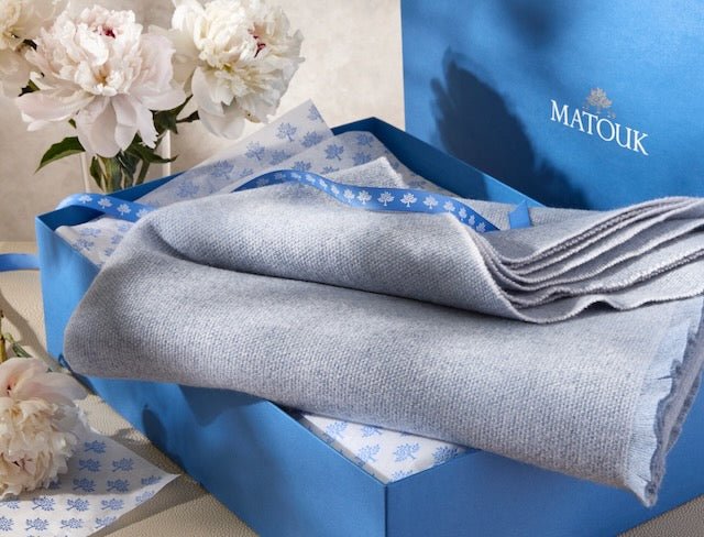 Matouk Agnes Hazy Blue Giftbox Blankets Cashmere Wool at Fig Linens and Home
