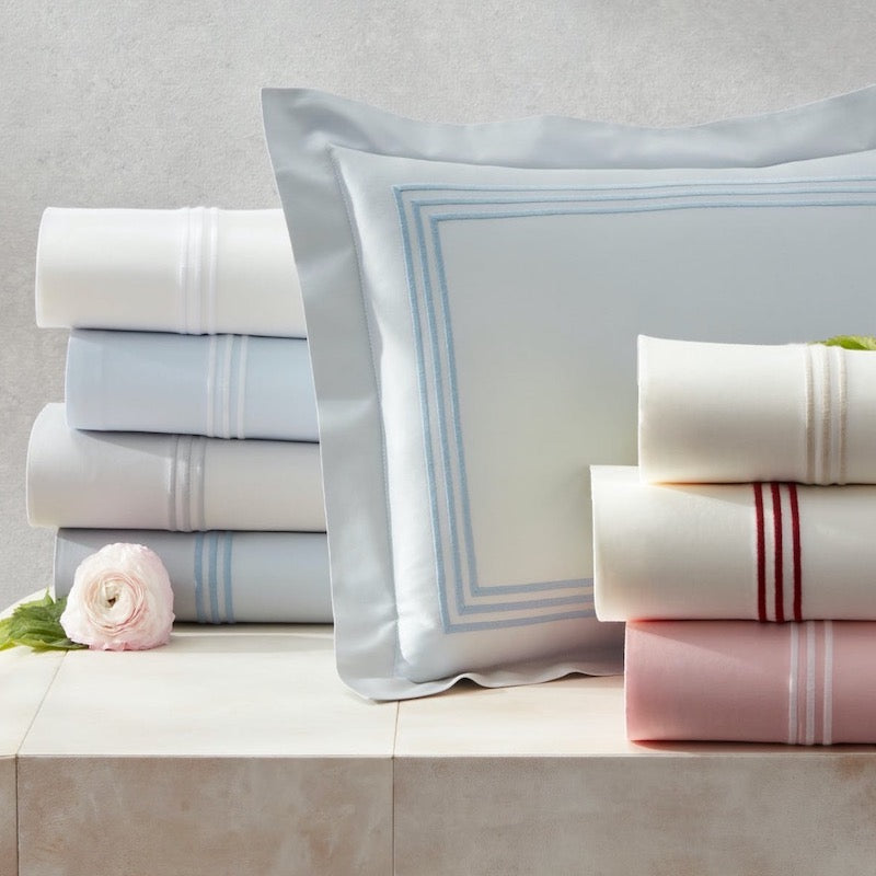 Bel Tempo Nocturne Bedding and Linens: Pillow Shams, Flat Sheets and Duvet Covers Shown here in All Matouk Bedding Colors for the Style. 3-Lines of Stitching on Nocturne Sateen in Queen Bedding and King Bedding in Stock at Fig Linens and Home.