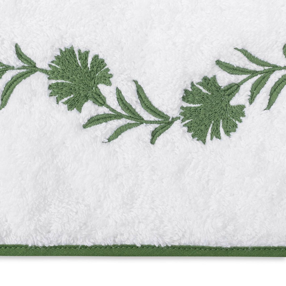 Matouk Daphne Towels Swatch - Clover Green Embroidery on White Terrycloth - Fig Linens and Home