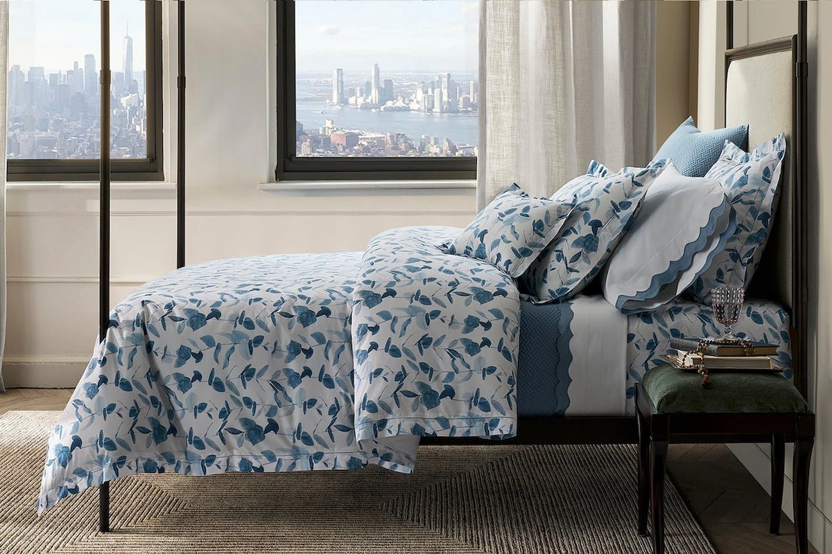 Blue and White Pattern Percale - Matouk Schumacher Antonia Hazy Blue Bedding shown in City Apartment