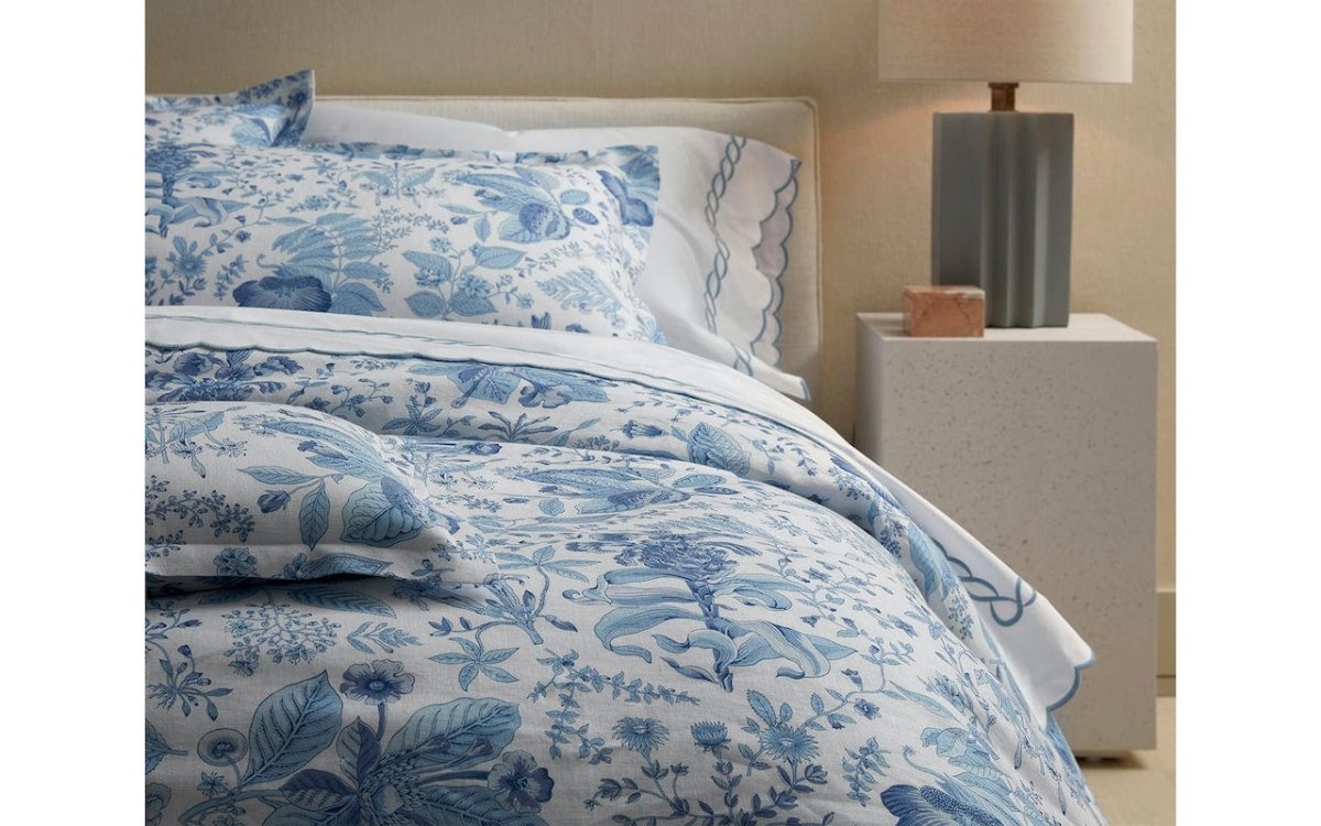 Matouk Schumacher Porcelain Blue Pomegranate Linen Bedding at Fig Linens and Home Westport CT
