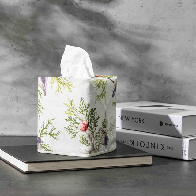 Matouk Schumacher Tissue Cover - Del Tesoro Sea Orchid Linen - Lifestyle Photo of Tissue Box Cover