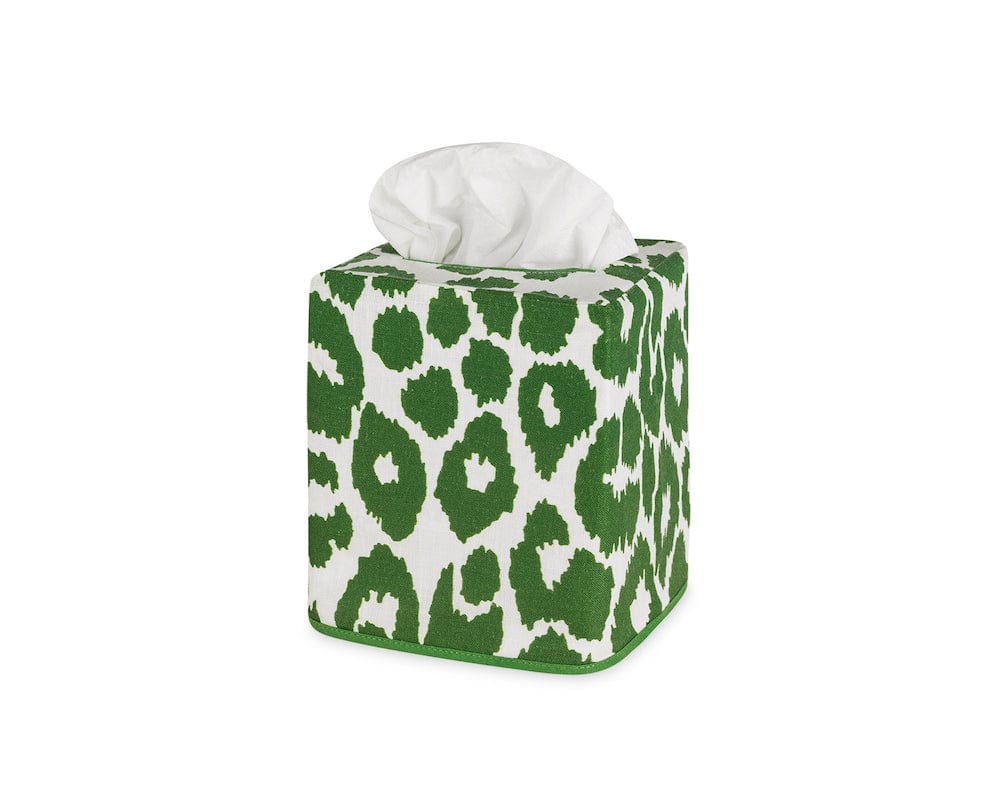 Tissue Box Cover - Matouk Schumacher Iconic Leopard Tissue Covers in Green at Fig Linens and Home
