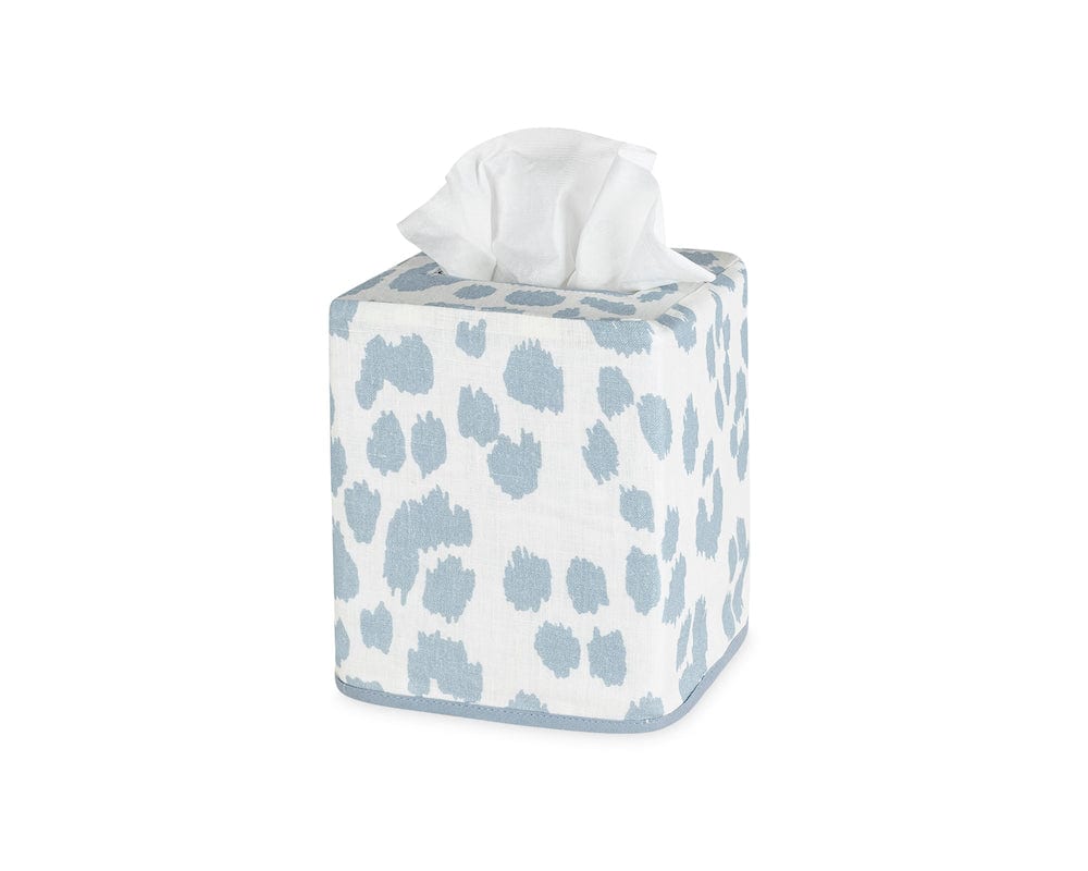 Tissue Box Cover - Matouk Schumacher Iconic Leopard Tissue Covers in Sky Blue at Fig Linens and Home