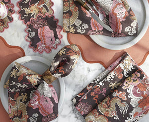 Matouk Magic Mountain Chocolate Persimmon Napkins at Fig Linens and Home - Cloth Napkins on Table