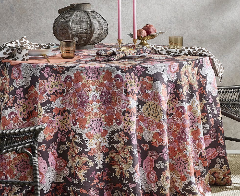 Magic Mountain Chocolate Persimmon Tablecloths by Matouk Schumacher - Table Linens on Round Table