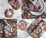 Matouk Schumacher Magic Mountain Cocktail Napkins Chocolate Persimmons - Shown on Table with Plates