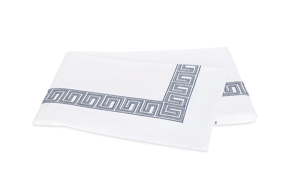 Flat Sheet - Ophelia Indigo Blue Bedding by Matouk Schumacher - Greek Key Embroidery