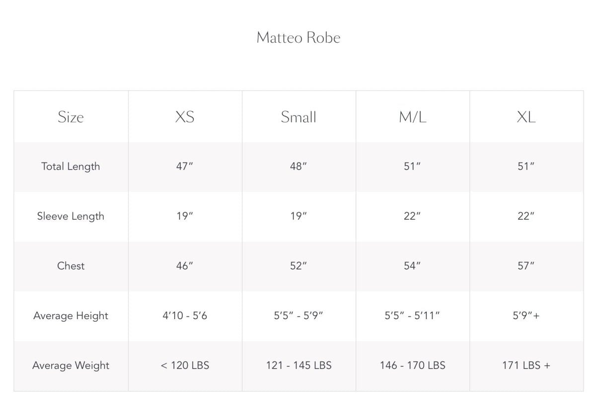 Matouk Robes | Matouk Matteo Size Chart