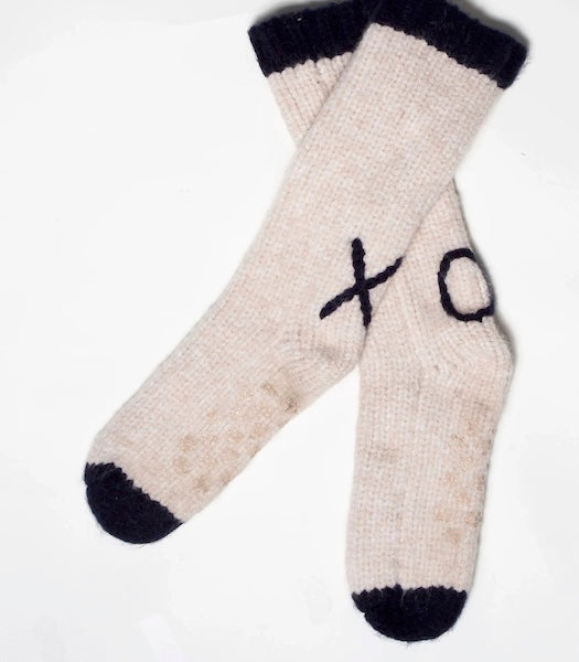 sailor love knit slipper sock with xo in oatmeal and oxford blue 1