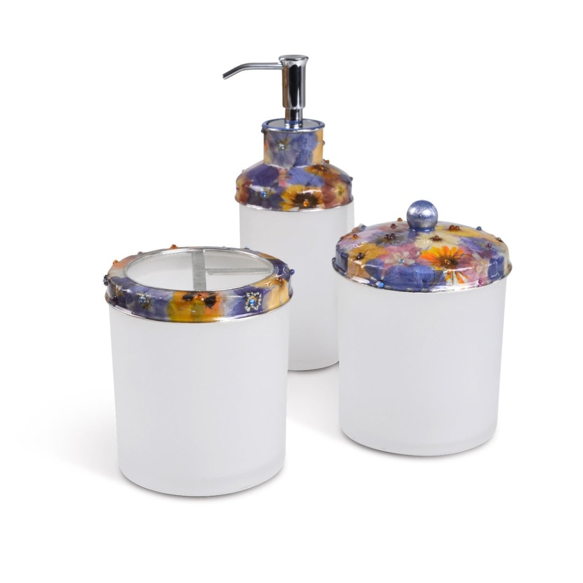 Mike + Ally Bath Accessories | Fleur Wild Flowers with Cabochon Silver Soap Dispenser and Jars