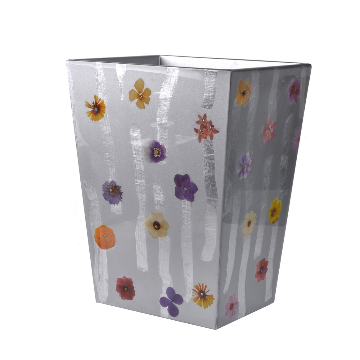 Mike + Ally Bath Accessories | Fleur Wild Flowers with Cabochon Silver Wastebasket