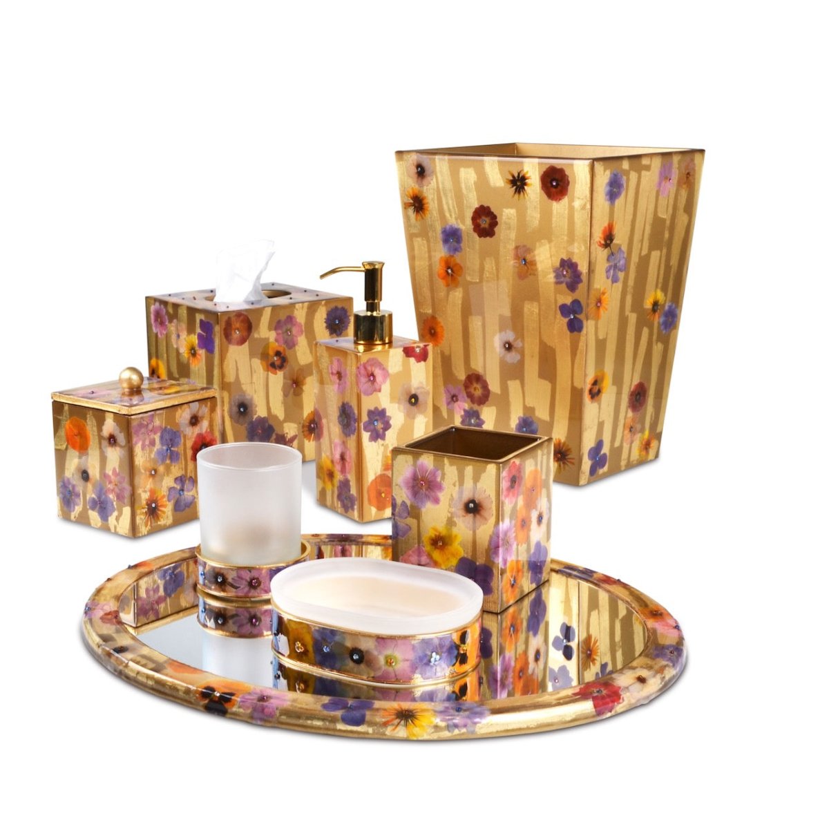 Mike + Ally Bath Accessories | Fleur Wild Flowers with Cabochon Gold Set of Bathroom Accessories