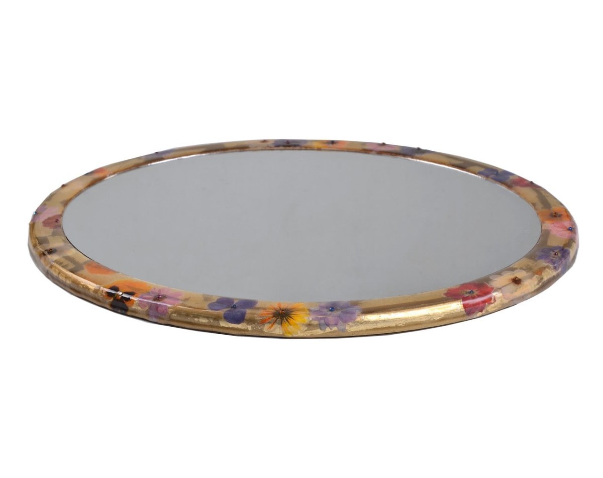 Mike + Ally Bath Accessories | Fleur Wild Flowers with Cabochon Gold Round Mirrored Vanity Tray
