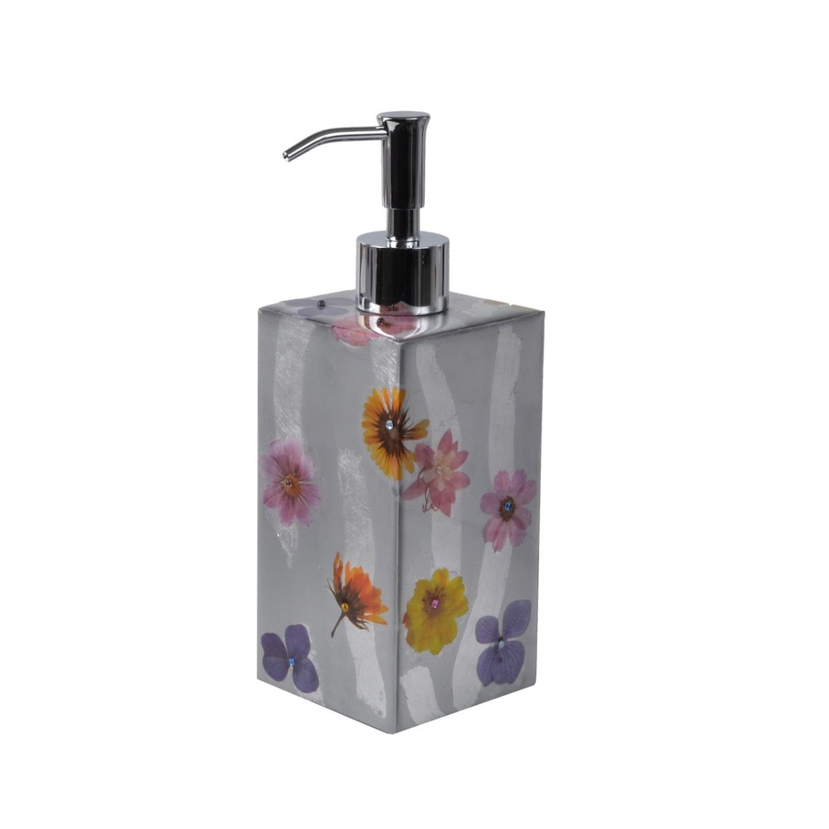 Mike + Ally Bath Accessories | Fleur Wild Flowers with Cabochon Silver Lotion or Soap Box Pump