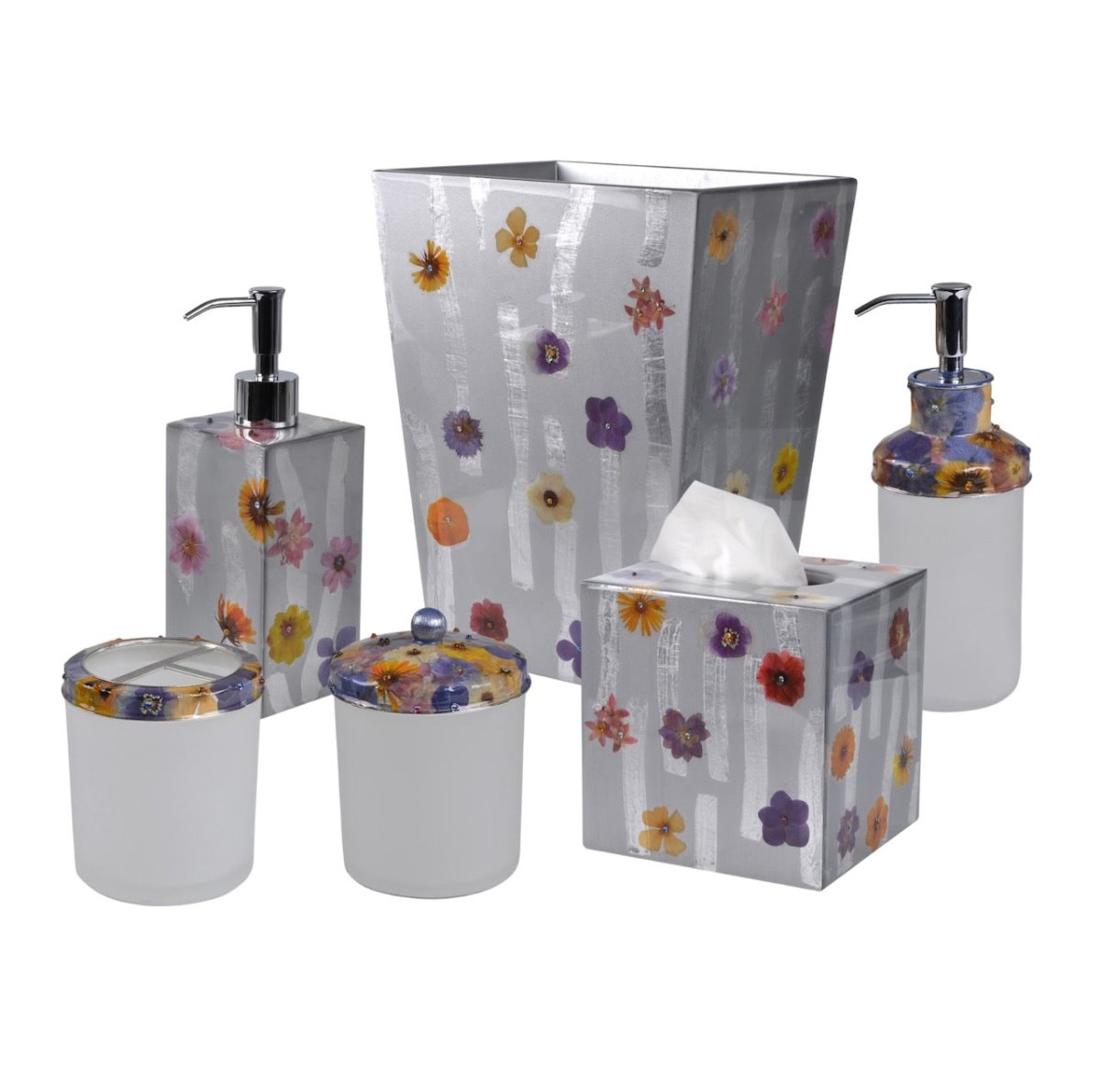 Mike + Ally Bath Accessories | Fleur Wild Flowers with Cabochon Silver Set of Bathroom Accessories