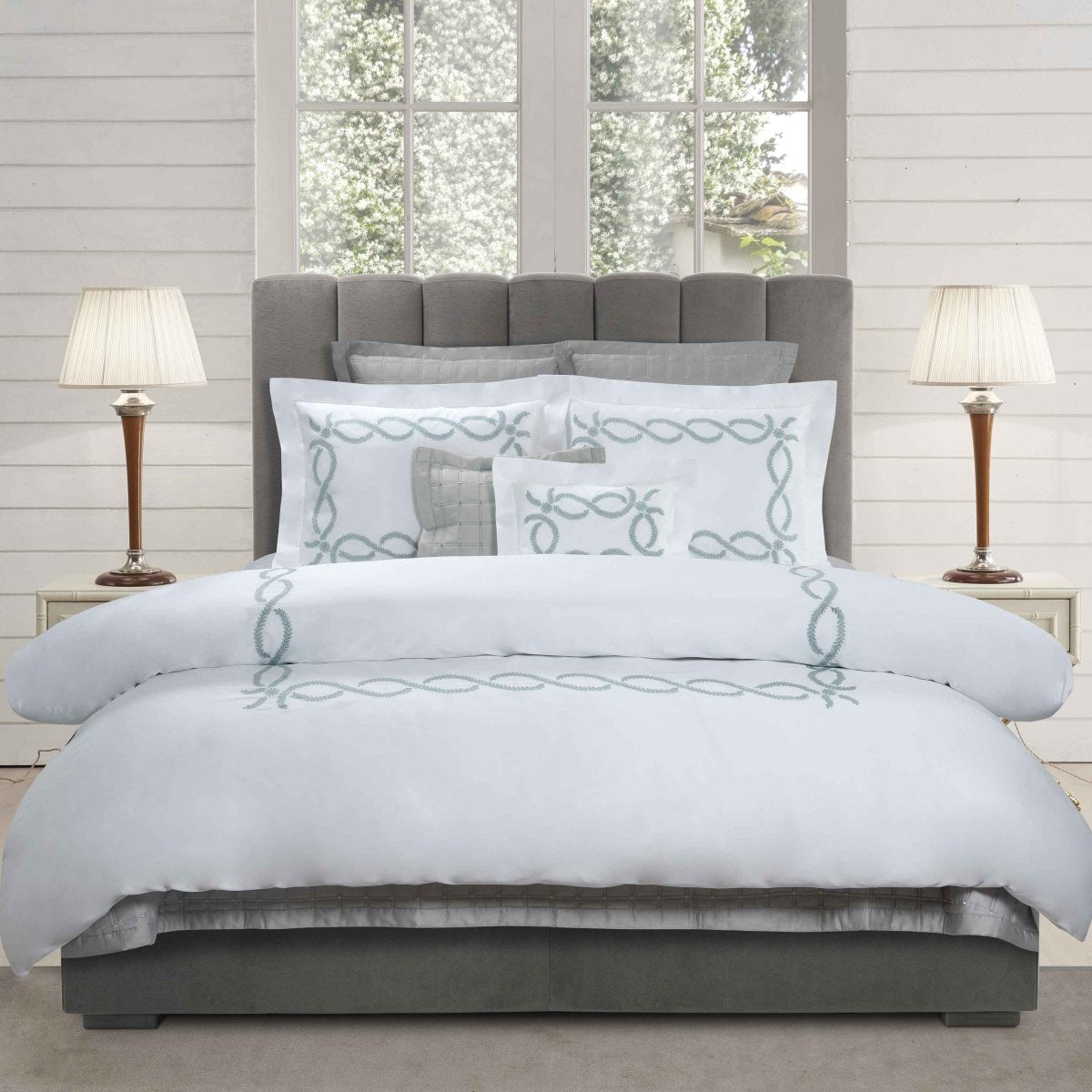 Dea Linens - Mirea Embroidery Duvet Covers, Flat Sheets and Shams - Custom Bedding at Fig LInens and Home