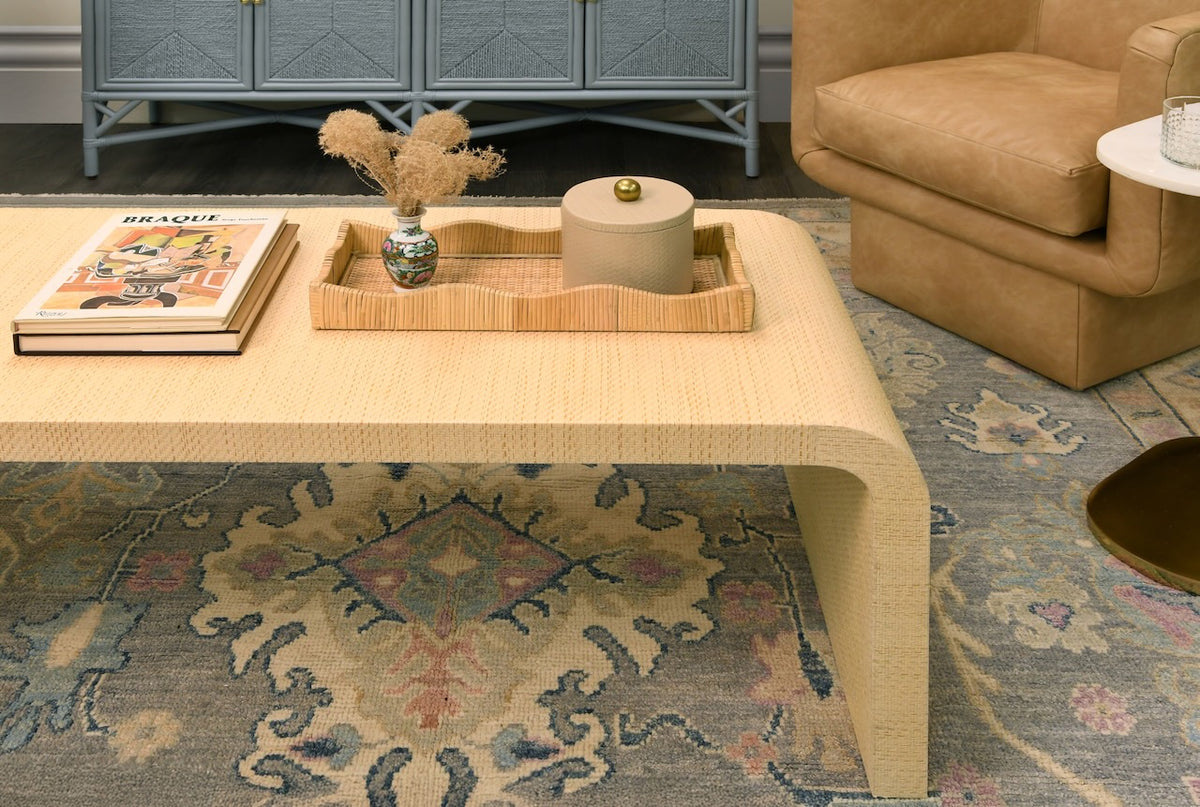 Worlds Away Newbury Coffee Table Lifestyle - Grasscloth Waterfall Table at Fig Linens and Home 2