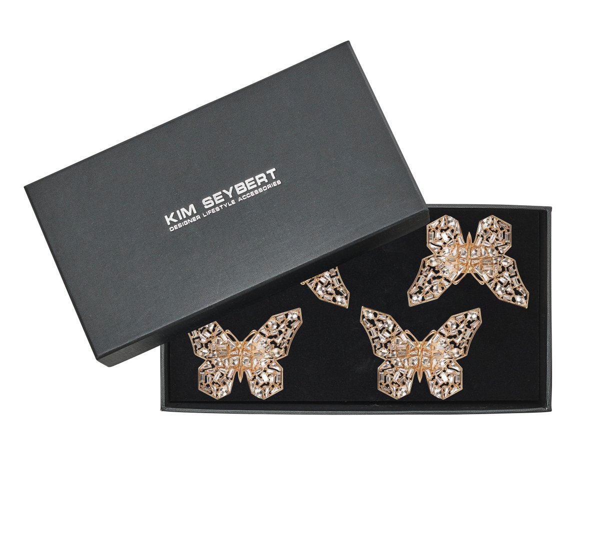 Kim Seybert Papillon Napkin Ring in Gold & Crystal Set of 4 in a Gift Box by Kim Seybert - GOLD/CRYSTAL 3.25"L x 2.5"W x 2"H Napkin Ring - Set of 4 at FIG LINENS AND HOME - 6