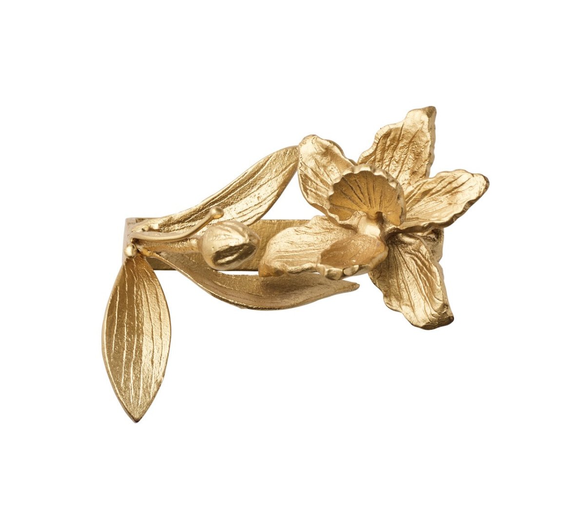 Kim Seybert Orchid Napkin Rings Set of 4 in Gold by Kim Seybert - Gold Set of 4 Napkin Rings - 3.25" L x 2.25" W x 2.3" H at FIG LINENS AND HOME - 3