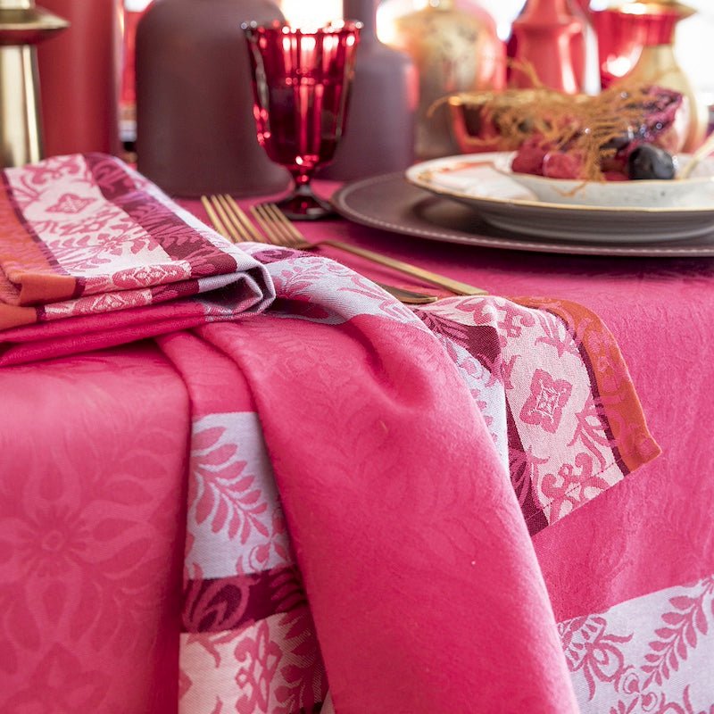 Cloth Napkin on Table - Mumbai Pink Fuchsia Napkin by Le Jacquard Français