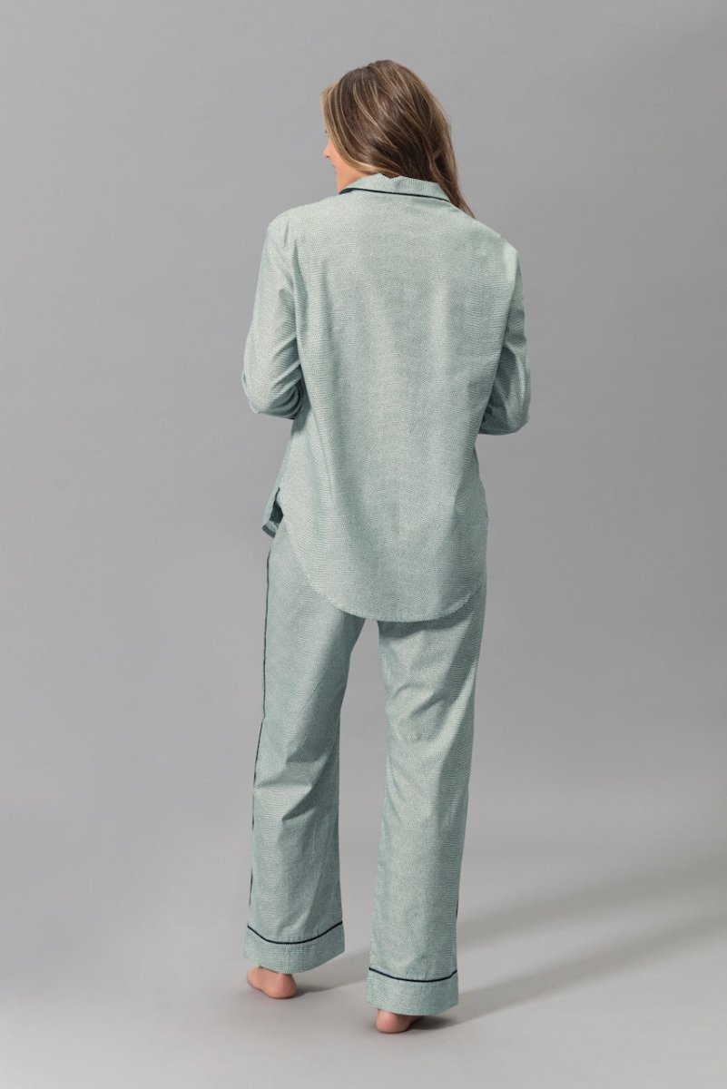 Matouk Jasper Pajamas in Green with Navy Blue Piping - Shown on Model - Back at Fig Linens & Home