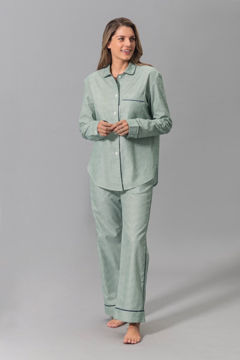 Matouk Jasper Pajamas in Green with Navy Blue Piping - Shown on Model - Front at Fig Linens & Home