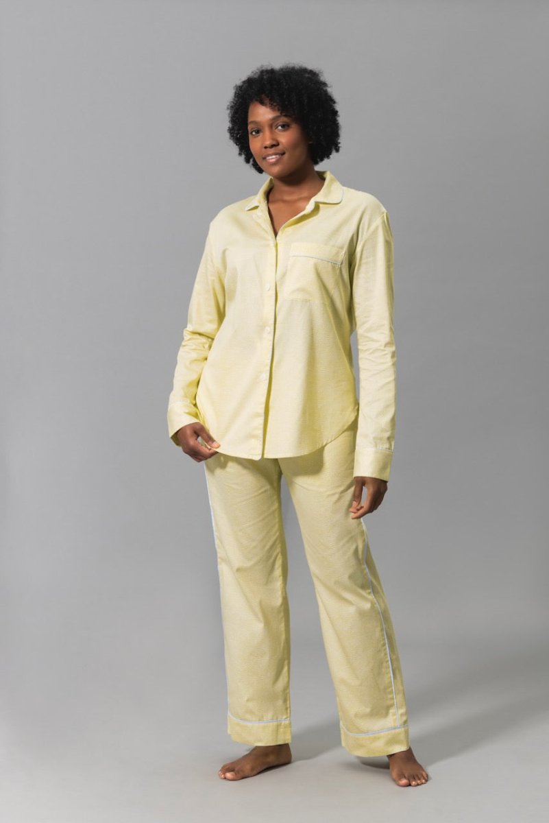 Matouk Jasper Pajamas in Lemon Yellow with Blue Piping - Shown on Model - Front at Fig Linens & Home