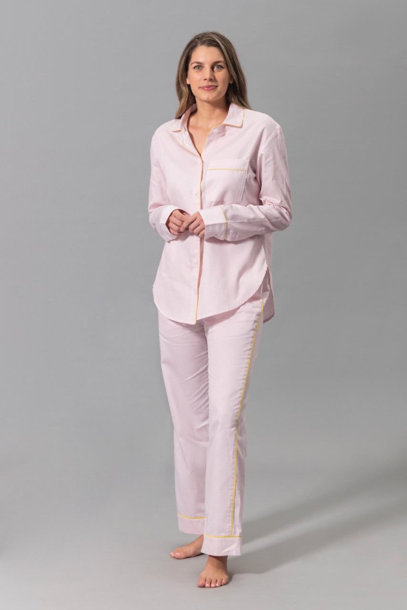 Matouk Jasper Pajamas in Peony Pink with Yellow Piping - Shown on Model - Front at Fig Linens & Home