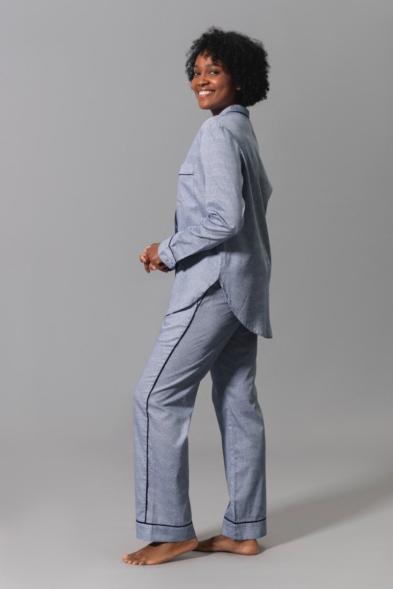Matouk Jasper Pajamas in Steel Blue with Navy Blue Piping - Shown on Model - Side View
