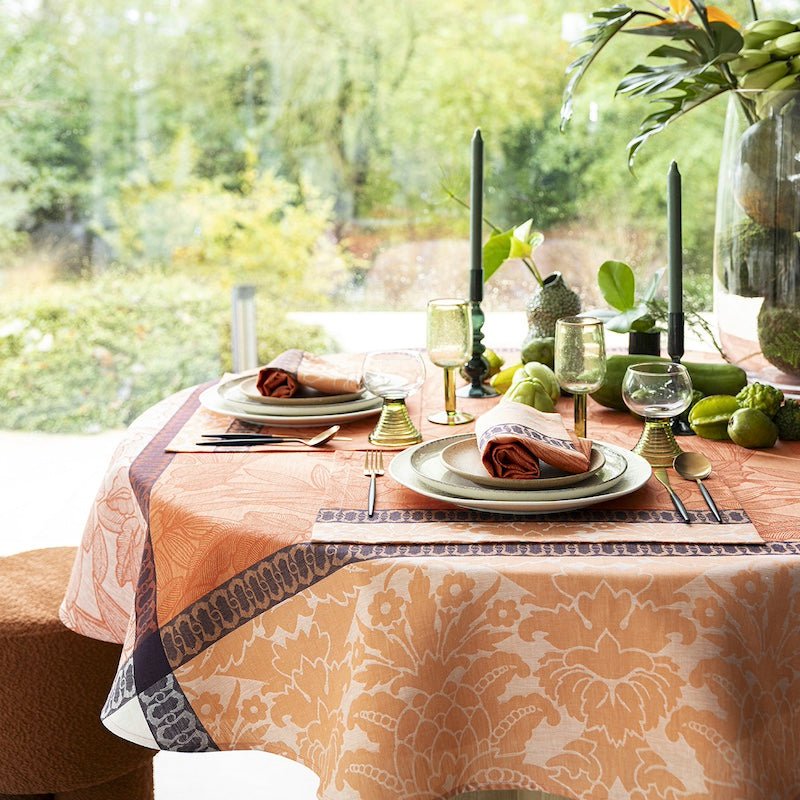 escapade tropicale orange tablecloth by le jacquard français - Round table detail